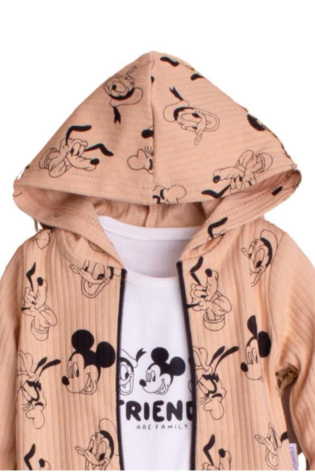 Kız Bebek Kapüşonlu Mickey Mause Pamuklu Zıbınlı Fitilli 3'lü Bebek Takımı